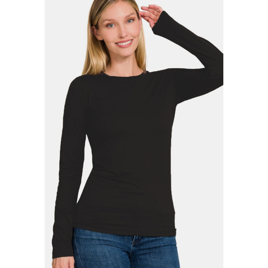 Zenana Ful Size Brushed Microfiber Long Sleeve Round Neck T-Shirt Apparel and Accessories