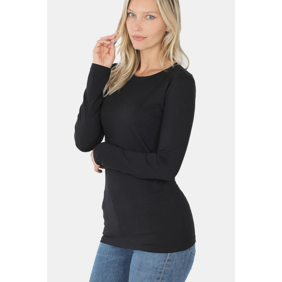 Zenana Ful Size Brushed Microfiber Long Sleeve Round Neck T-Shirt Black / S Apparel and Accessories