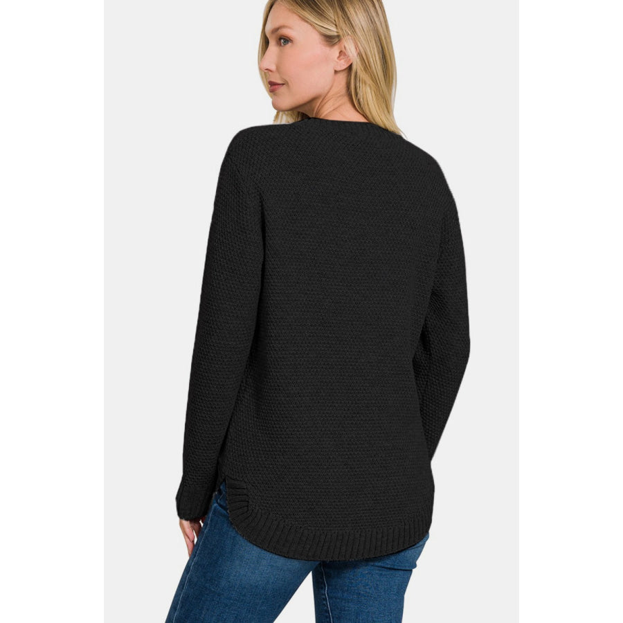 Zenana Ful Size Round Neck Long Sleeve Curved Hem Sweater Apparel and Accessories