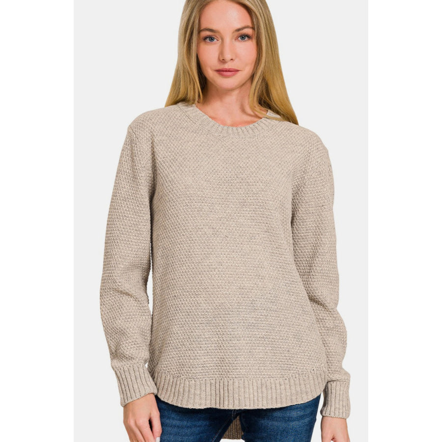 Zenana Ful Size Round Neck Long Sleeve Curved Hem Sweater Apparel and Accessories