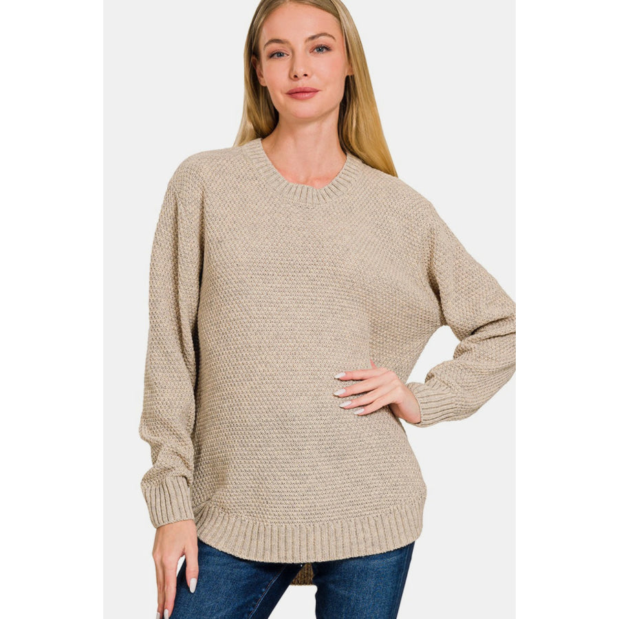 Zenana Ful Size Round Neck Long Sleeve Curved Hem Sweater Apparel and Accessories