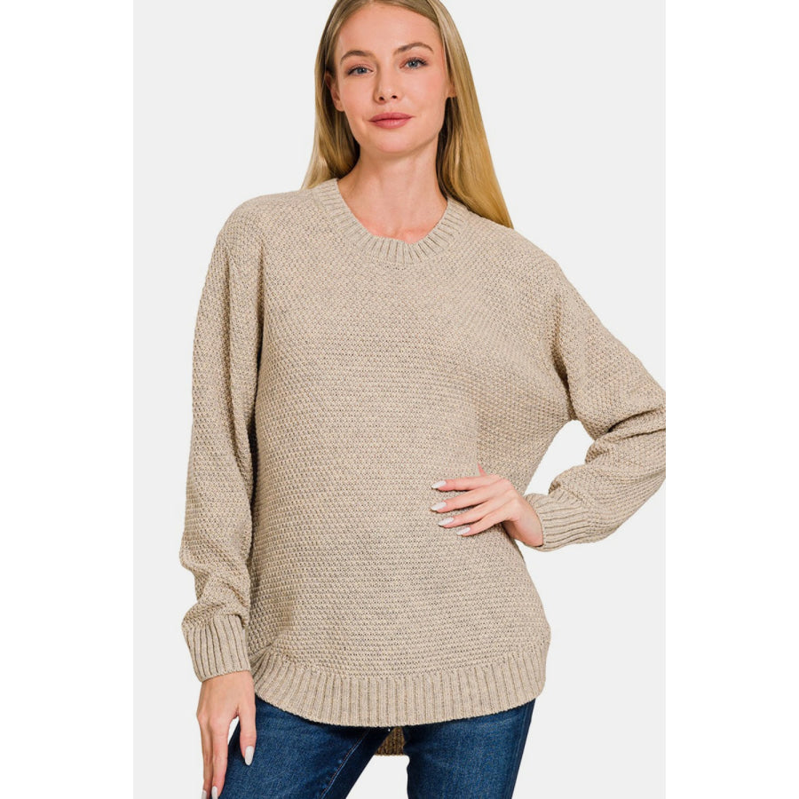 Zenana Ful Size Round Neck Long Sleeve Curved Hem Sweater H Beige / S Apparel and Accessories