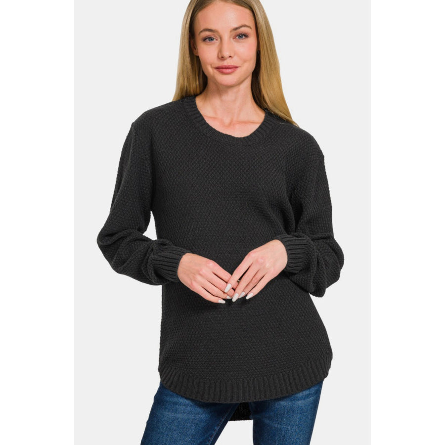 Zenana Ful Size Round Neck Long Sleeve Curved Hem Sweater Black / S Apparel and Accessories