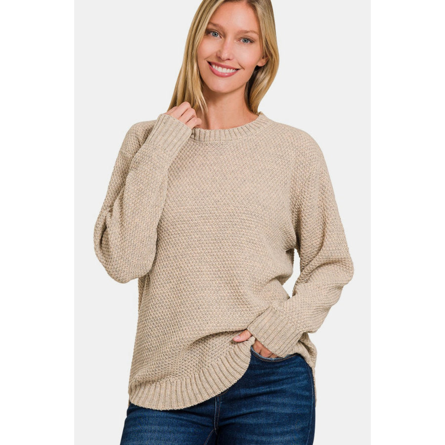 Zenana Ful Size Round Neck Long Sleeve Curved Hem Sweater H Beige / S Apparel and Accessories
