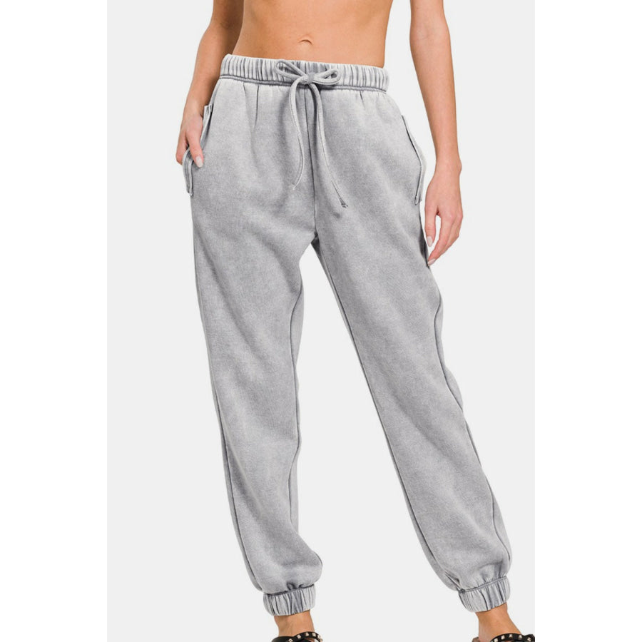 Zenana Full Size Acid Wash Fleece Drawstring Sweatpants with Pockets Sleet / S Apparel and Accessories