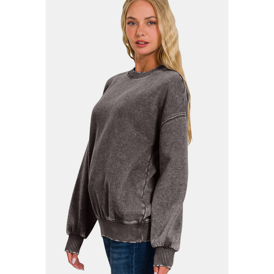 Zenana Full Size Acid Wash Fleece Long Sleeve Sweatshirt Apparel and Accessories