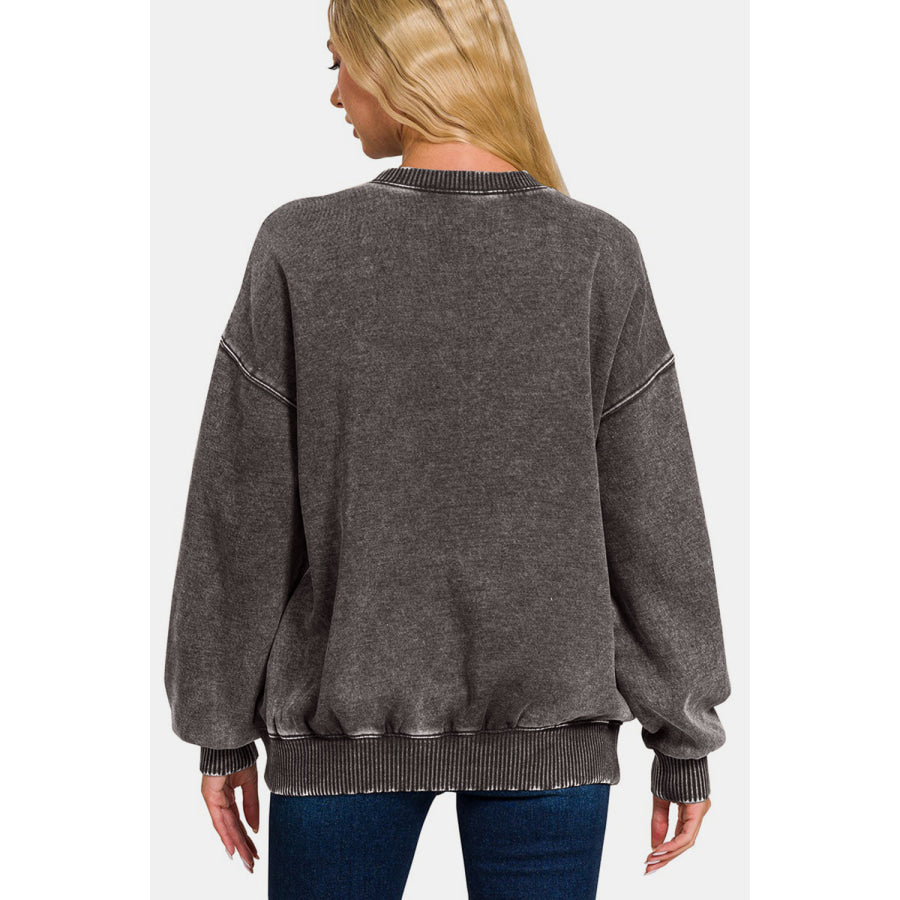 Zenana Full Size Acid Wash Fleece Long Sleeve Sweatshirt Apparel and Accessories