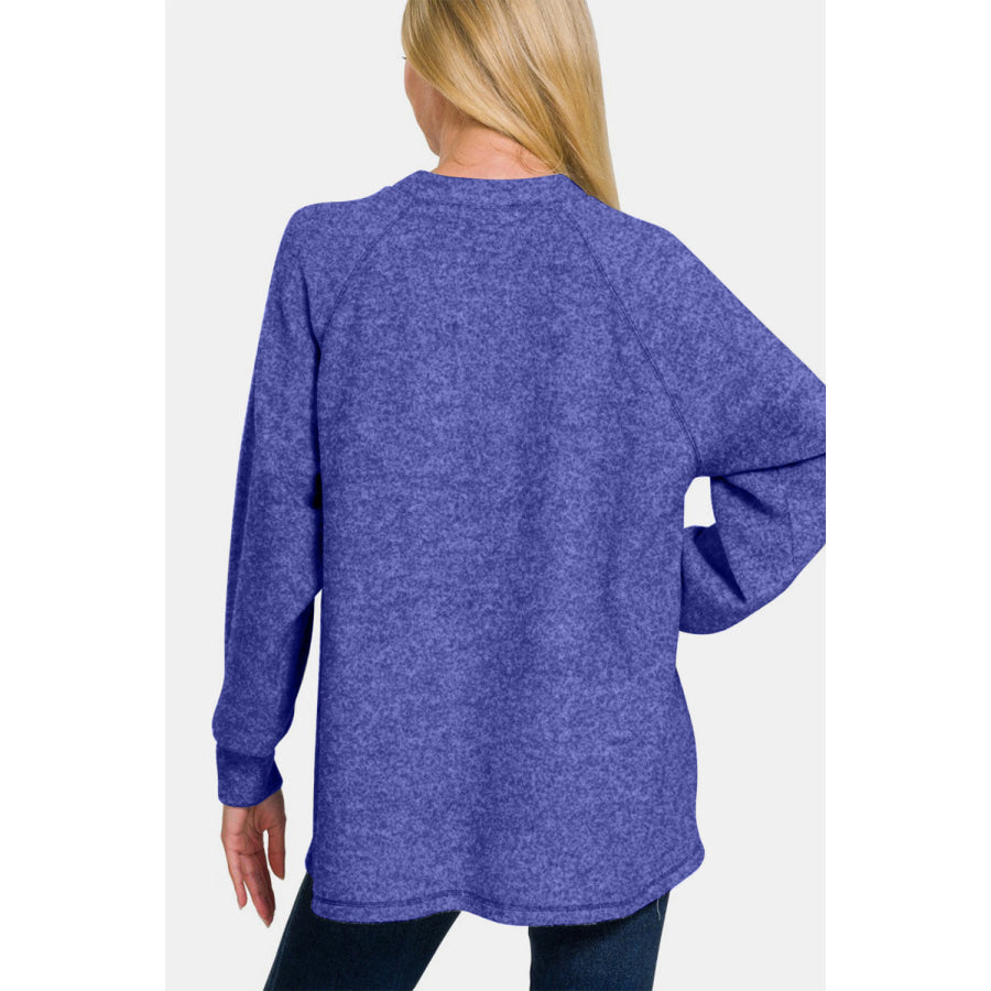 Zenana Full Size Brushed Melange Hacci High-Low Sweater Bright Blue / S/M Apparel and Accessories