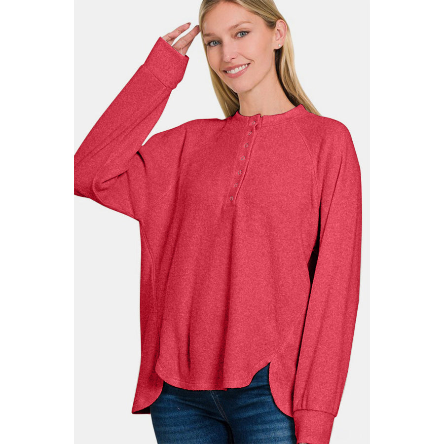 Zenana Full Size Brushed Melange Hacci High-Low Sweater Apparel and Accessories