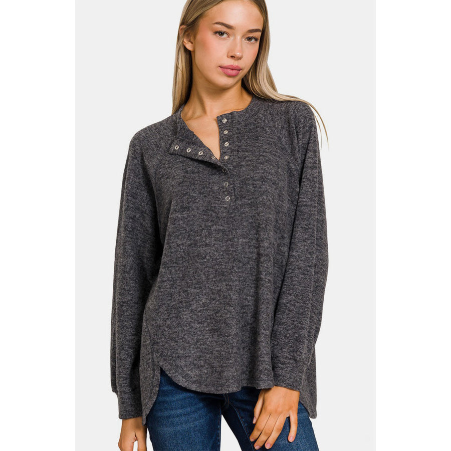 Zenana Full Size Brushed Melange Hacci High-Low Sweater Black / S/M Apparel and Accessories