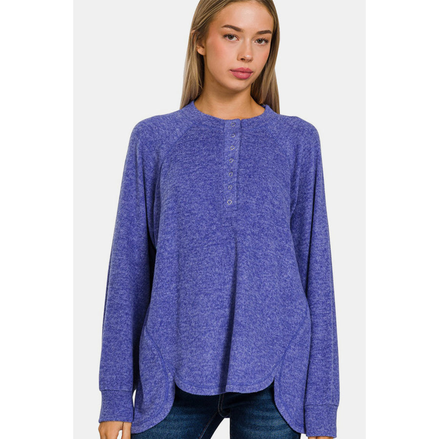 Zenana Full Size Brushed Melange Hacci High-Low Sweater Bright Blue / S/M Apparel and Accessories