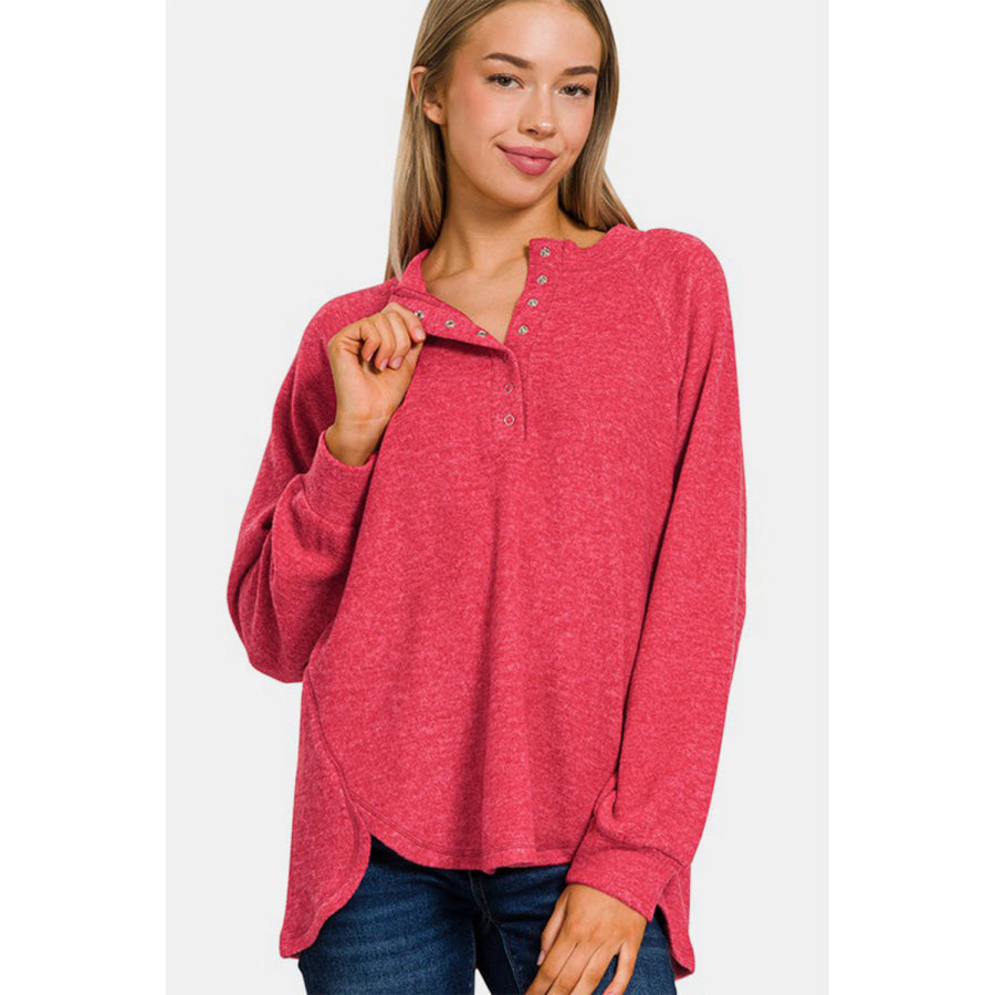 Zenana Full Size Brushed Melange Hacci High-Low Sweater Strawberry / S/M Apparel and Accessories