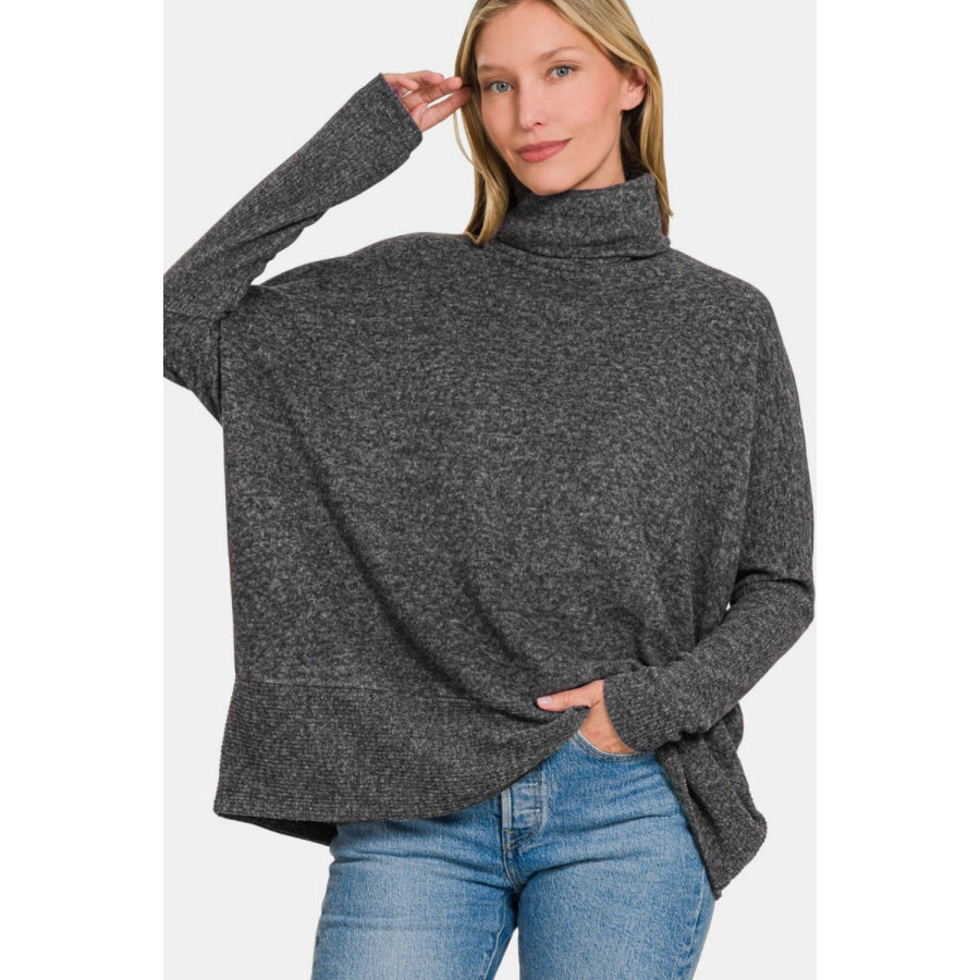 Zenana Full Size Brushed Melange Hacci Turtleneck Sweater Apparel and Accessories