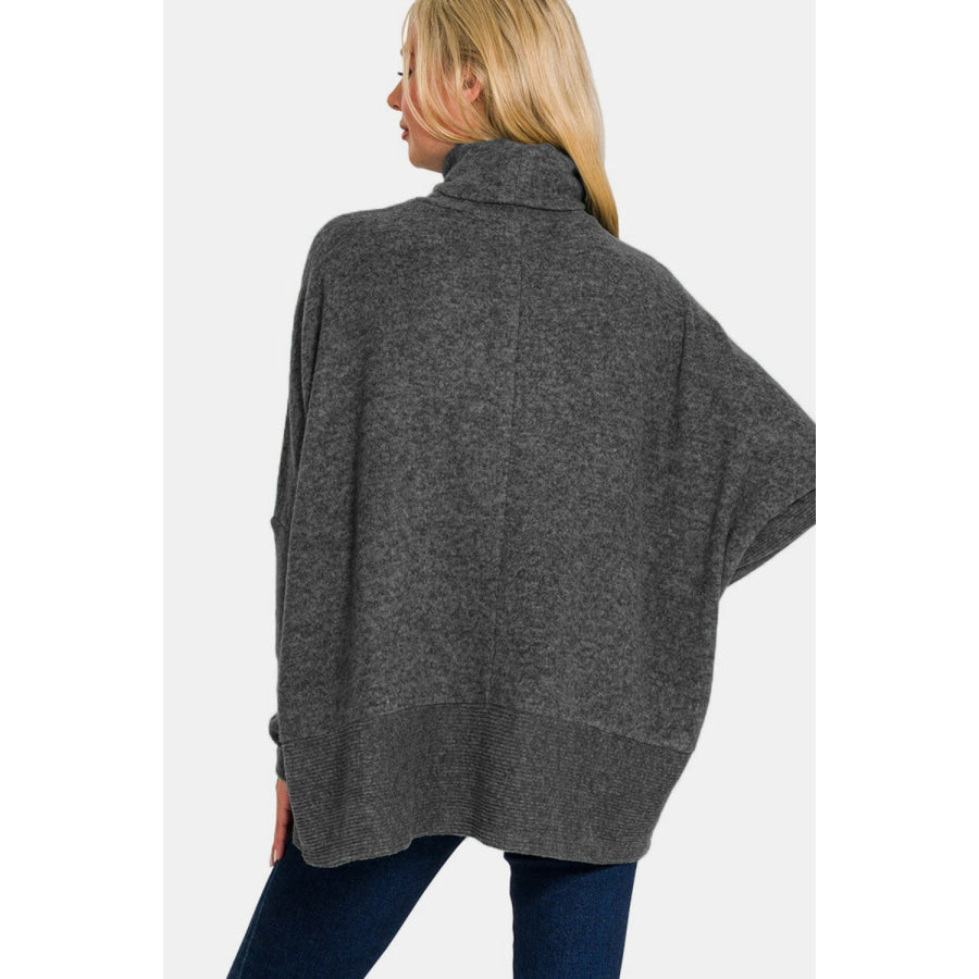 Zenana Full Size Brushed Melange Hacci Turtleneck Sweater Apparel and Accessories