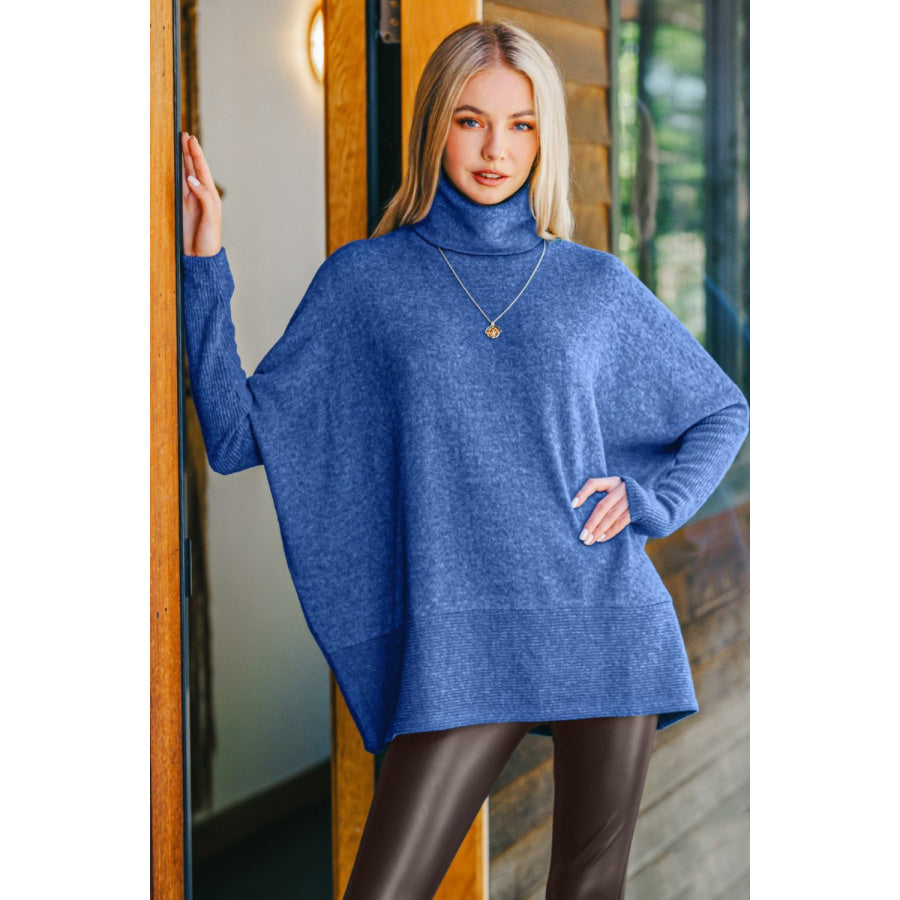 Zenana Full Size Brushed Melange Hacci Turtleneck Sweater Apparel and Accessories