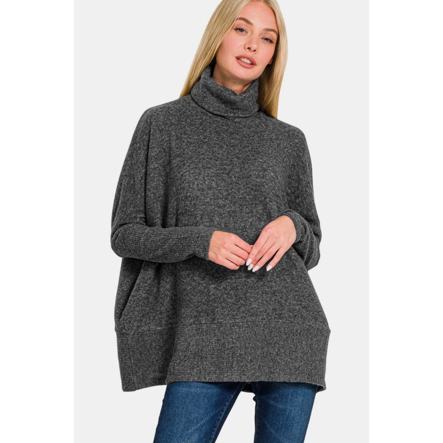 Zenana Full Size Brushed Melange Hacci Turtleneck Sweater Black / S/M Apparel and Accessories