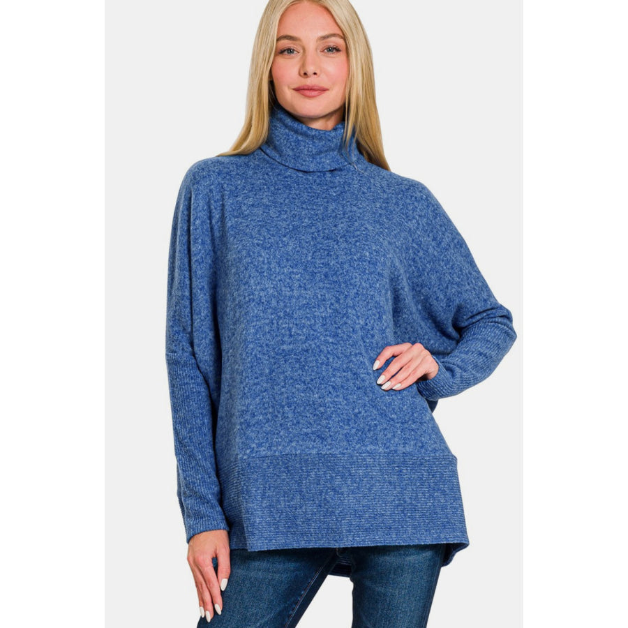 Zenana Full Size Brushed Melange Hacci Turtleneck Sweater Lt Navy / S/M Apparel and Accessories