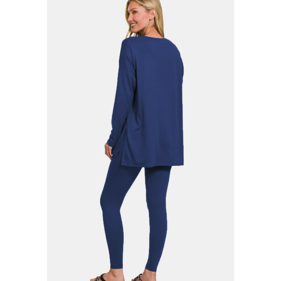 Zenana Full Size Brushed Microfiber Top and Leggings Lounge Set Lt Navy / S Apparel and Accessories