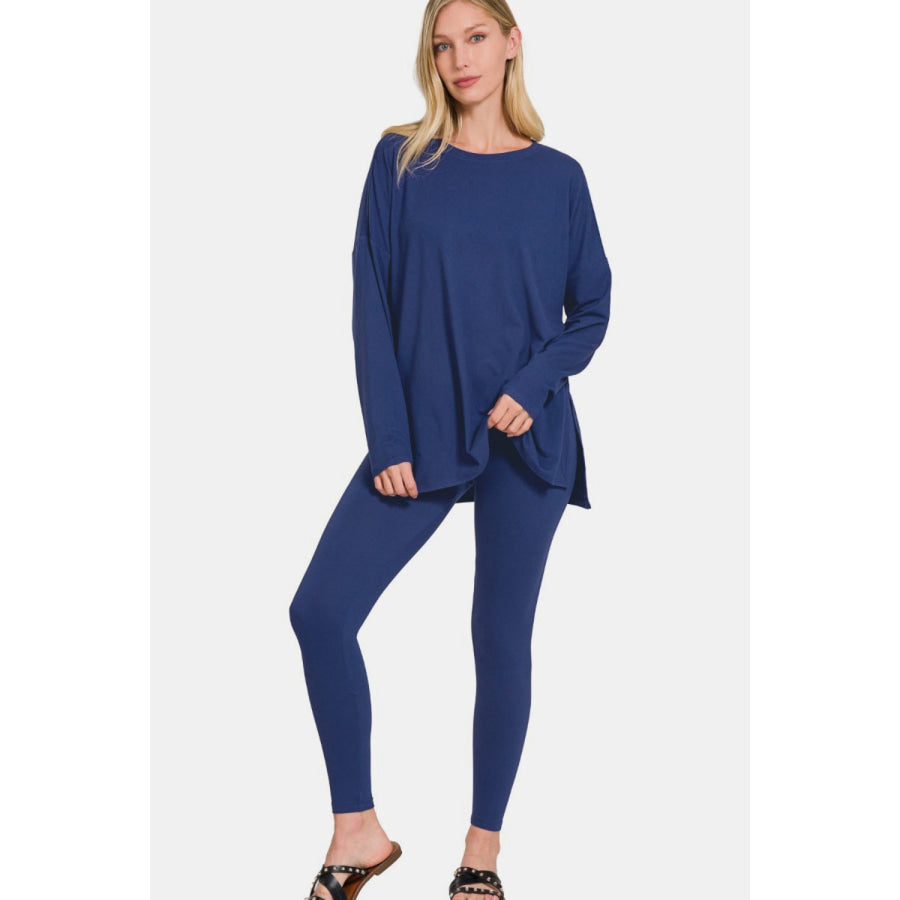 Zenana Full Size Brushed Microfiber Top and Leggings Lounge Set Lt Navy / S Apparel and Accessories