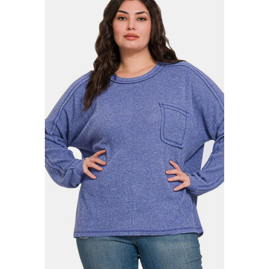 Zenana Full Size Contrast Stitching Brushed Ribbed Hacci Knit Top Apparel and Accessories