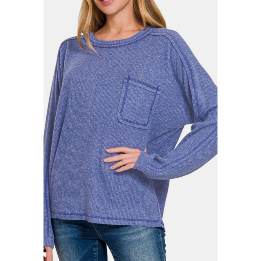 Zenana Full Size Contrast Stitching Brushed Ribbed Hacci Knit Top Apparel and Accessories