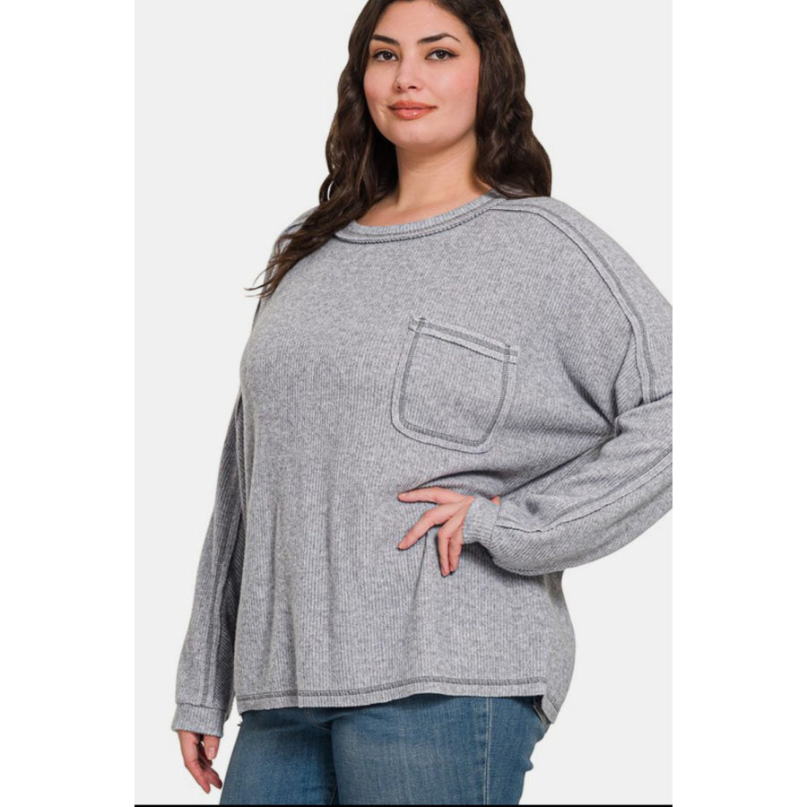 Zenana Full Size Contrast Stitching Brushed Ribbed Hacci Knit Top Apparel and Accessories