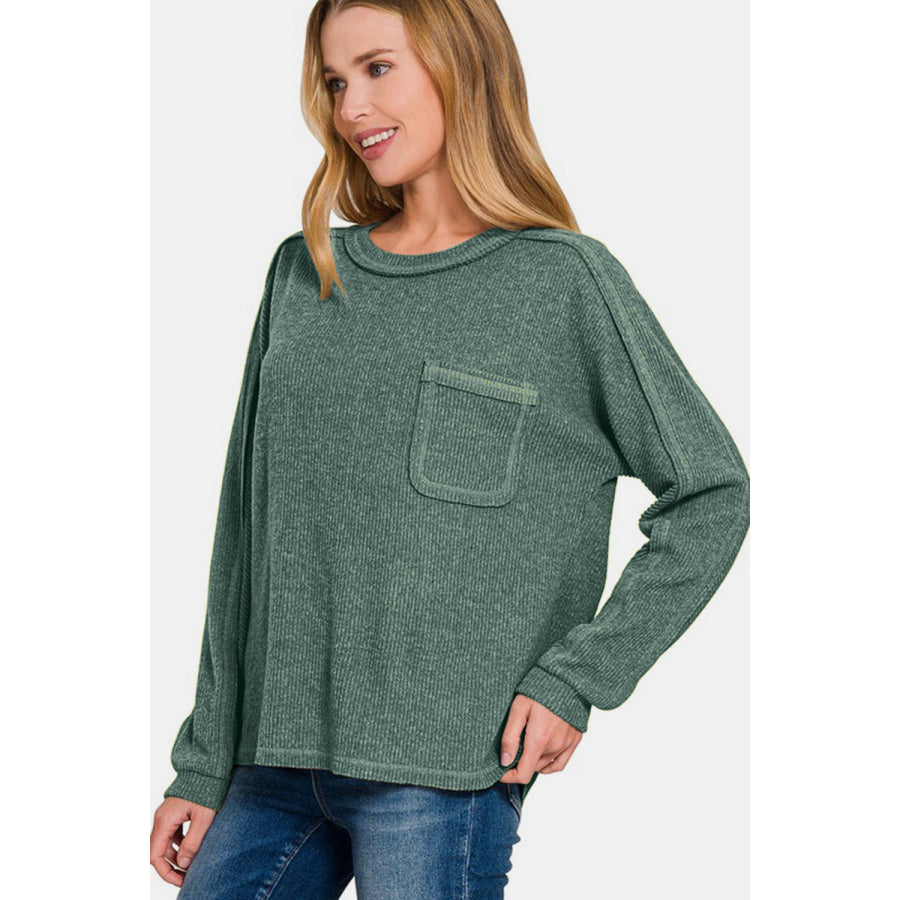 Zenana Full Size Contrast Stitching Brushed Ribbed Hacci Knit Top Apparel and Accessories