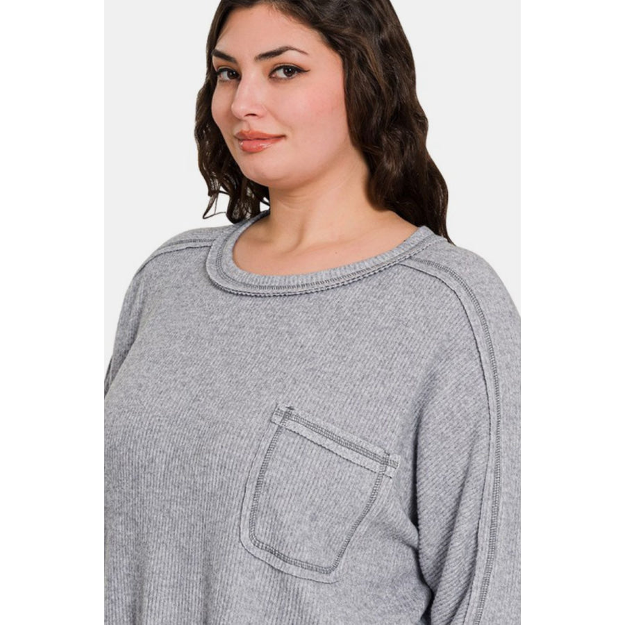 Zenana Full Size Contrast Stitching Brushed Ribbed Hacci Knit Top Apparel and Accessories