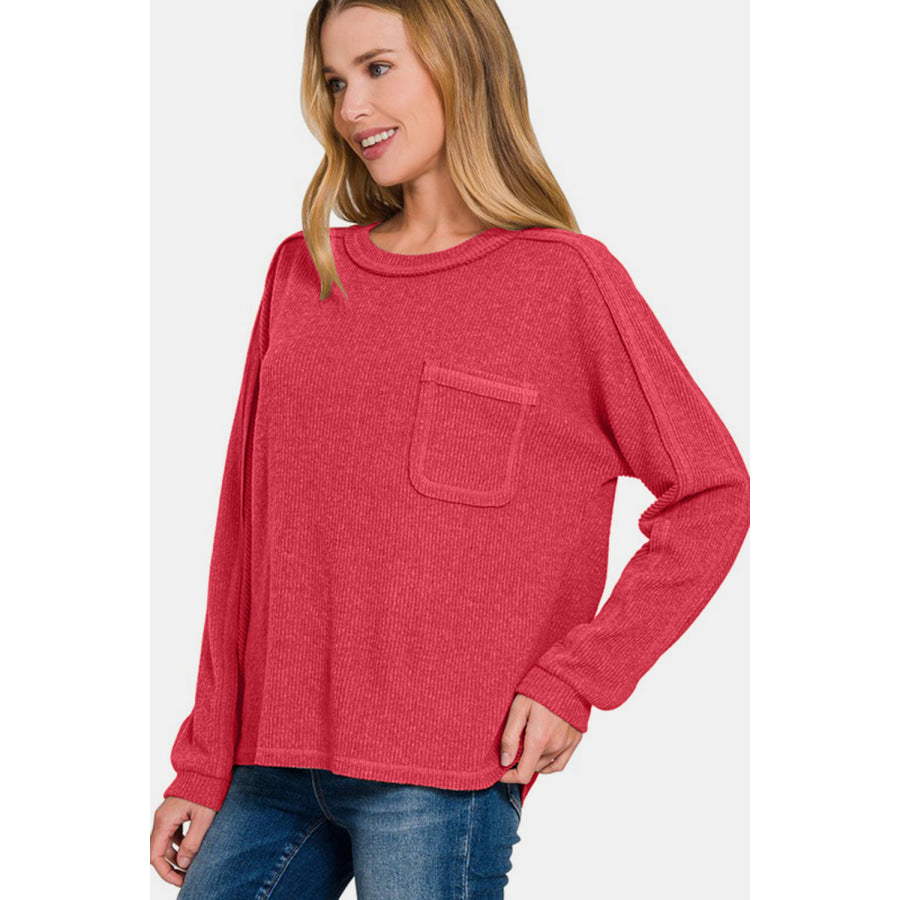 Zenana Full Size Contrast Stitching Brushed Ribbed Hacci Knit Top Apparel and Accessories