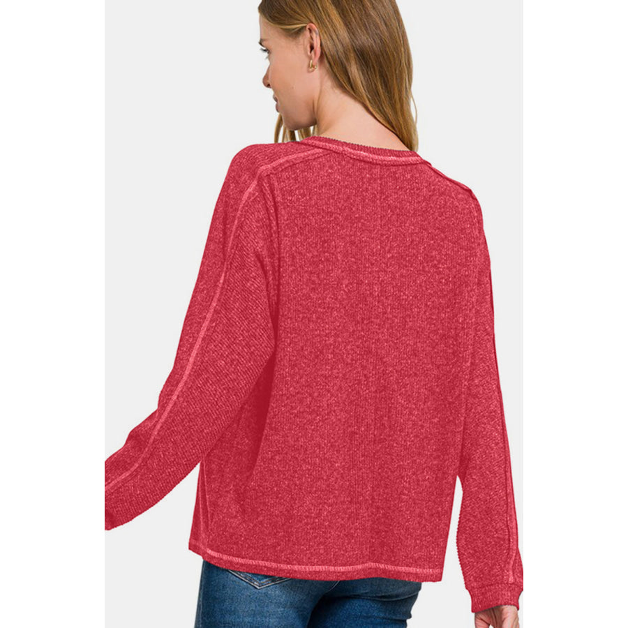 Zenana Full Size Contrast Stitching Brushed Ribbed Hacci Knit Top Apparel and Accessories