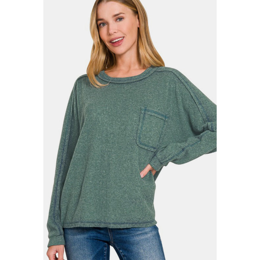 Zenana Full Size Contrast Stitching Brushed Ribbed Hacci Knit Top ASH JADE / S/M Apparel and Accessories