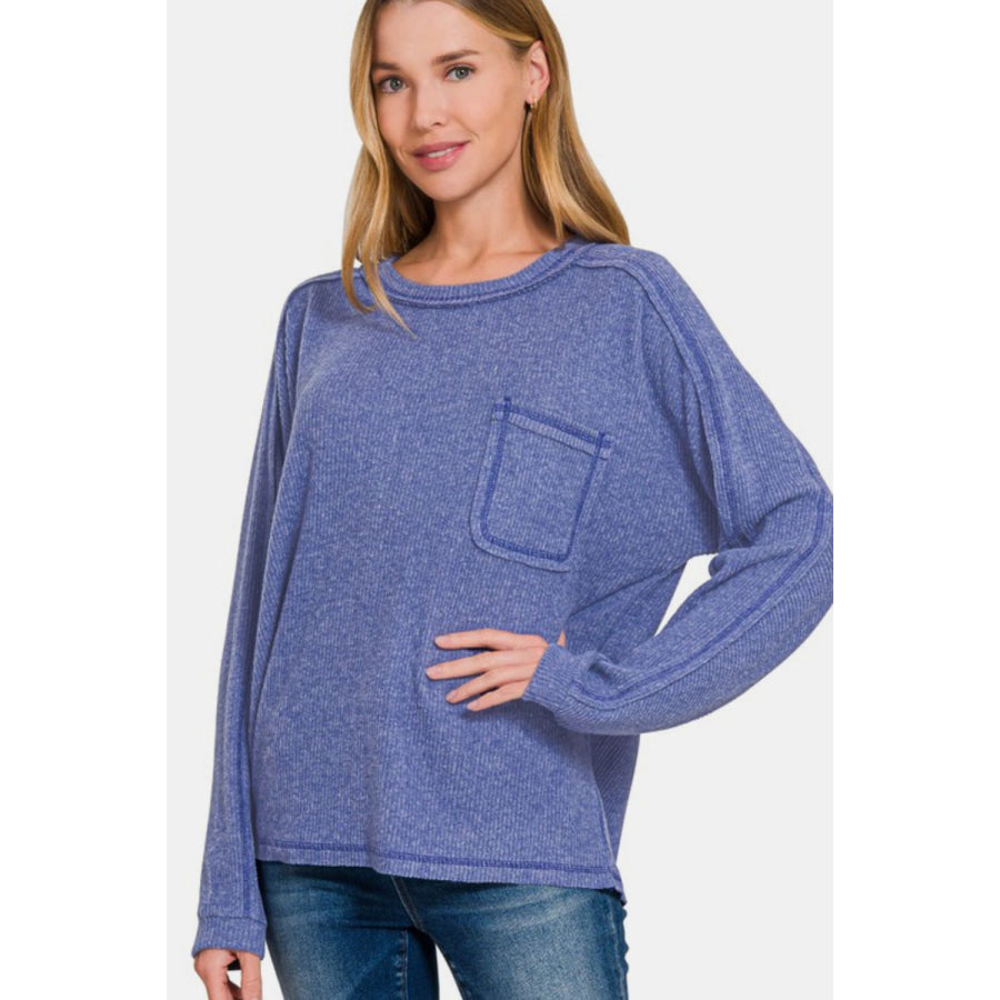 Zenana Full Size Contrast Stitching Brushed Ribbed Hacci Knit Top Blue Purple / S/M Apparel and Accessories