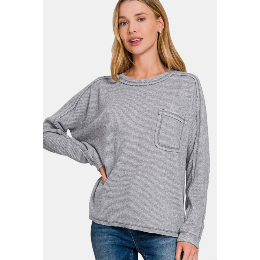 Zenana Full Size Contrast Stitching Brushed Ribbed Hacci Knit Top Gray / S/M Apparel and Accessories