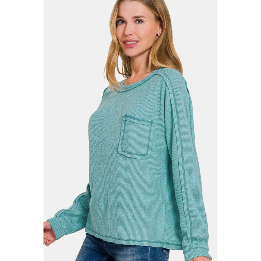 Zenana Full Size Contrast Stitching Brushed Ribbed Hacci Knit Top Plu Size Apparel and Accessories