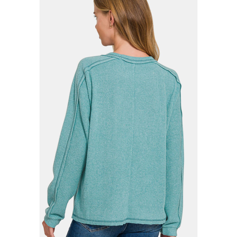 Zenana Full Size Contrast Stitching Brushed Ribbed Hacci Knit Top Plu Size Teal / S/M Apparel and Accessories