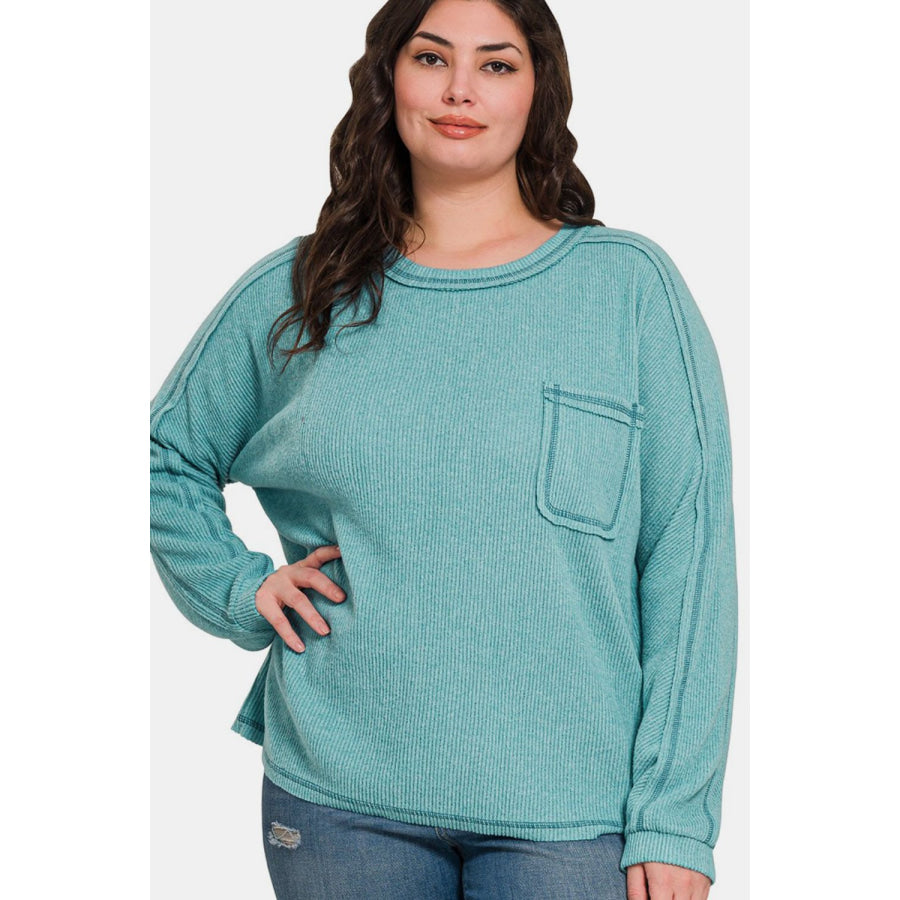 Zenana Full Size Contrast Stitching Brushed Ribbed Hacci Knit Top Plu Size Apparel and Accessories