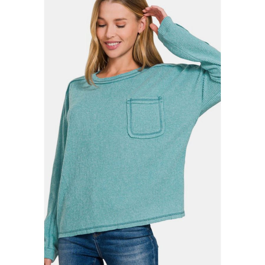 Zenana Full Size Contrast Stitching Brushed Ribbed Hacci Knit Top Plu Size Teal / S/M Apparel and Accessories