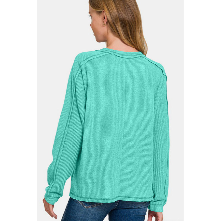 Zenana Full Size Contrast Stitching Brushed Ribbed Hacci Knit Top Plus Size Turquoise / S/M Apparel and Accessories