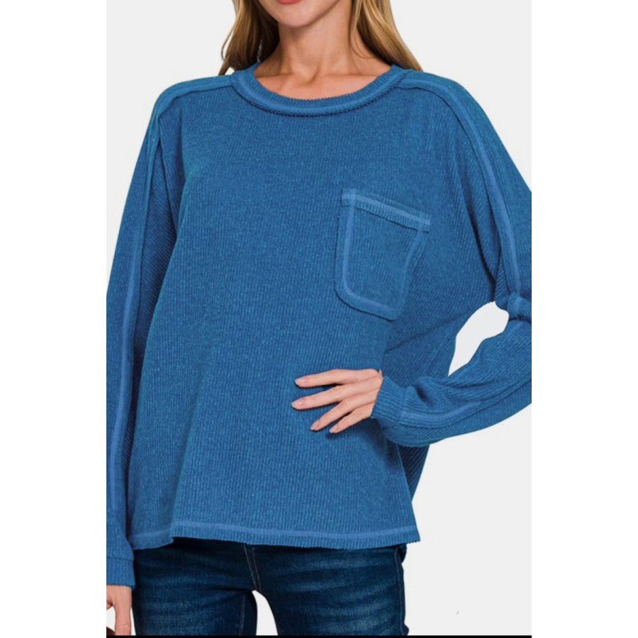 Zenana Full Size Contrast Stitching Brushed Ribbed Hacci Knit Top Plus Size Apparel and Accessories