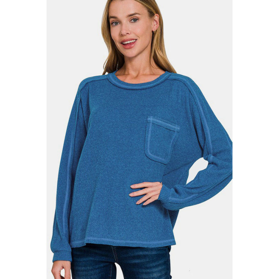 Zenana Full Size Contrast Stitching Brushed Ribbed Hacci Knit Top Plus Size Royal Blue / S/M Apparel and Accessories