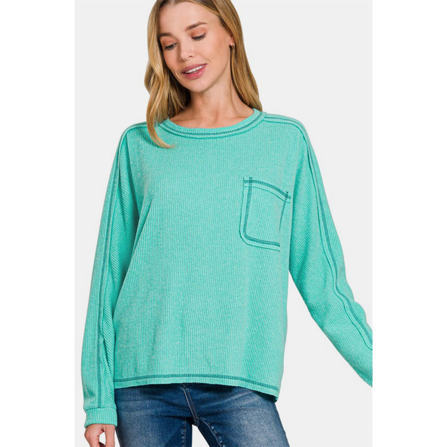 Zenana Full Size Contrast Stitching Brushed Ribbed Hacci Knit Top Plus Size Turquoise / S/M Apparel and Accessories