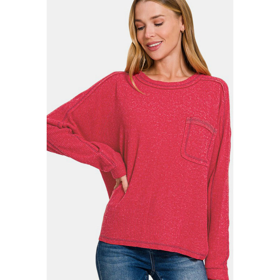 Zenana Full Size Contrast Stitching Brushed Ribbed Hacci Knit Top Red / S/M Apparel and Accessories