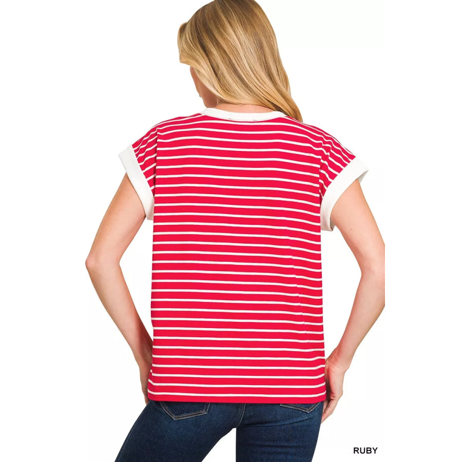 Zenana Full Size Contrast Trim Cap Sleeve Stripe Tee Plus Size Apparel and Accessories