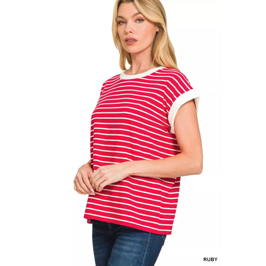 Zenana Full Size Contrast Trim Cap Sleeve Stripe Tee Plus Size RUBY / S Apparel and Accessories