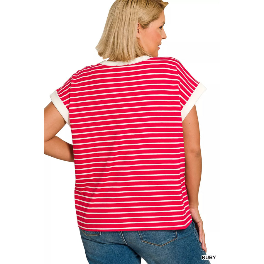 Zenana Full Size Contrast Trim Cap Sleeve Stripe Tee Plus Size Apparel and Accessories