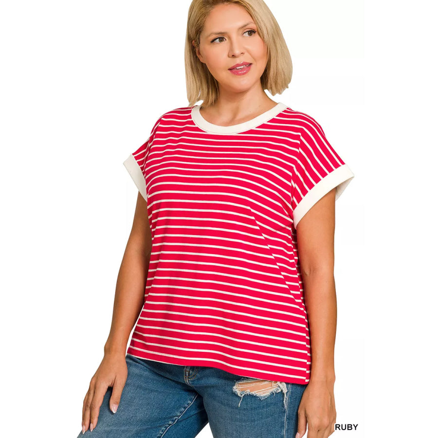Zenana Full Size Contrast Trim Cap Sleeve Stripe Tee Plus Size Apparel and Accessories