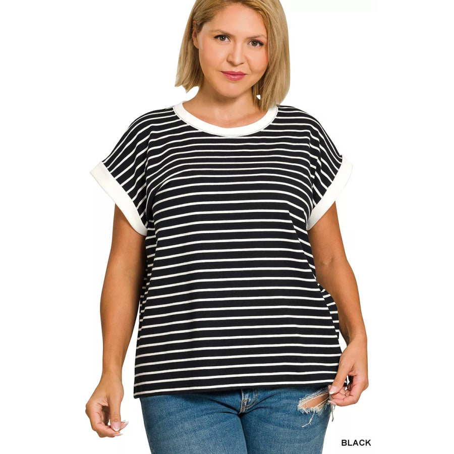 Zenana Full Size Contrast Trim Cap Sleeve Stripe Tee Plus Size Apparel and Accessories