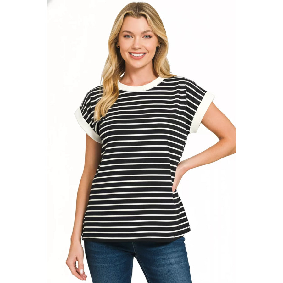 Zenana Full Size Contrast Trim Cap Sleeve Stripe Tee Plus Size Apparel and Accessories