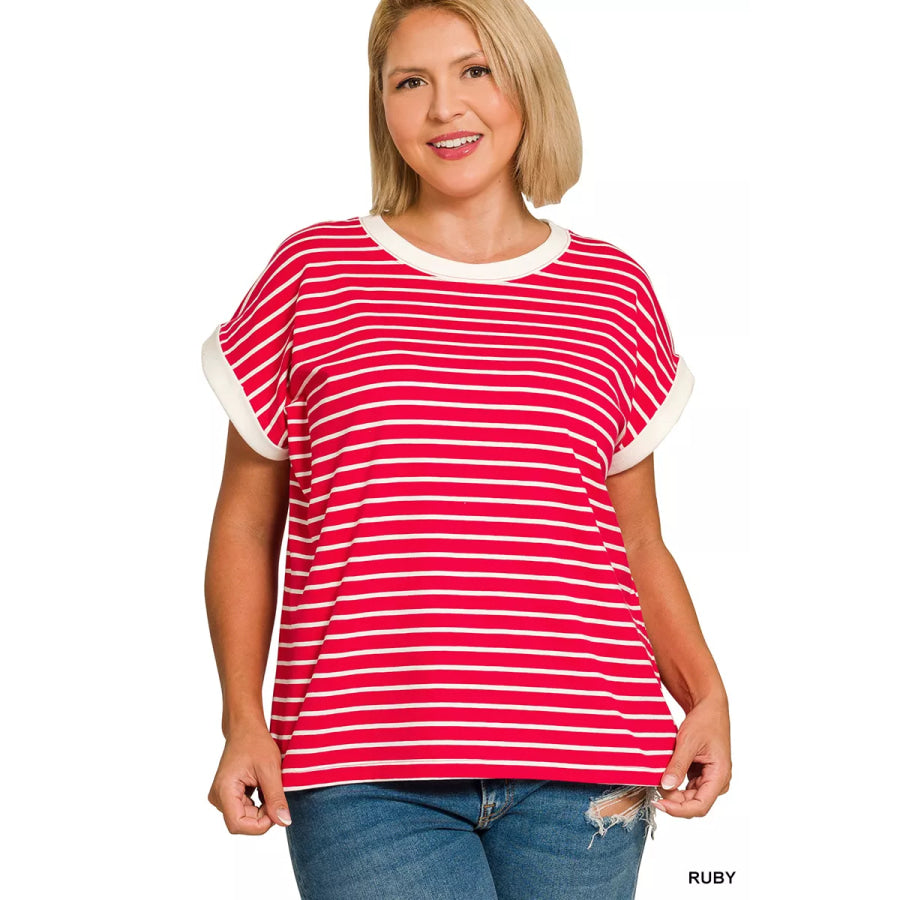 Zenana Full Size Contrast Trim Cap Sleeve Stripe Tee Plus Size Apparel and Accessories