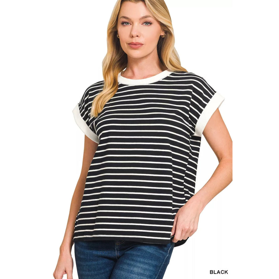 Zenana Full Size Contrast Trim Cap Sleeve Stripe Tee Plus Size BLACK / S Apparel and Accessories